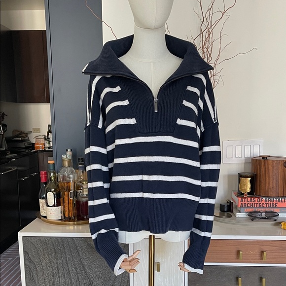 Banana Republic Navy and White Striped Women's Sweater - Picture 1 of 7